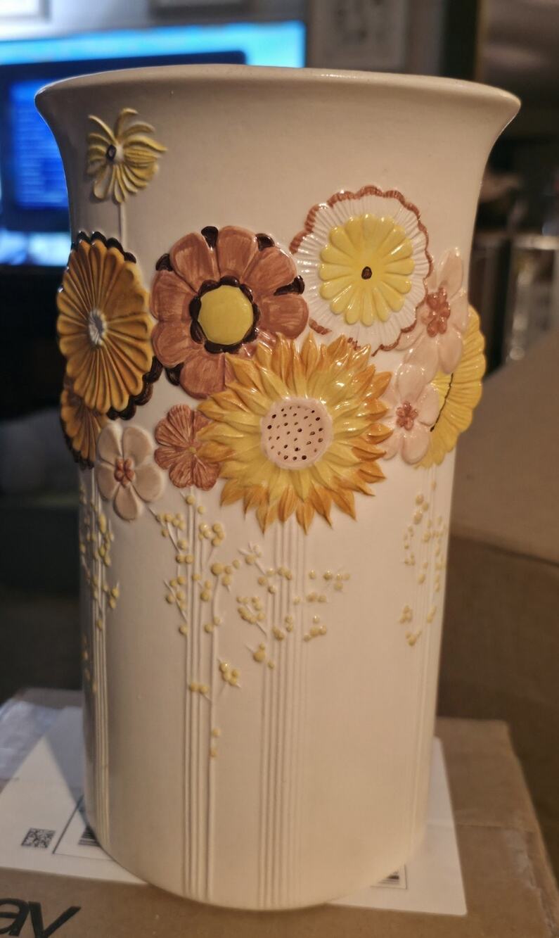Vintage Kaiser W Germany Bisque Floral Relief Vase Hand Painted MCM Boho